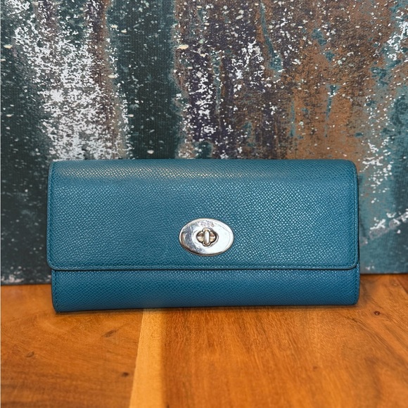 COACH Textured Leather Slim Envelope Wallet w/Pop-Up Pouch: Teal & Purple - Picture 3 of 16